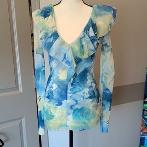 Elegant Blue Floral Ruffle Blouse